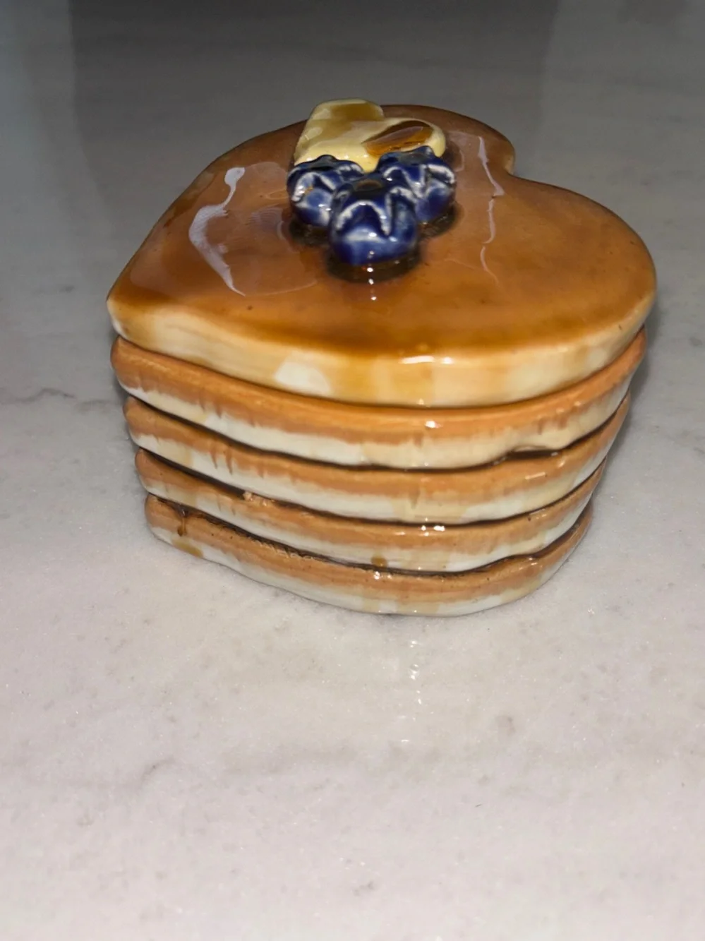 Ceramic Heart Stack Pancake Trinket Box - Syrup , Butter & Blueberry Accent RARE